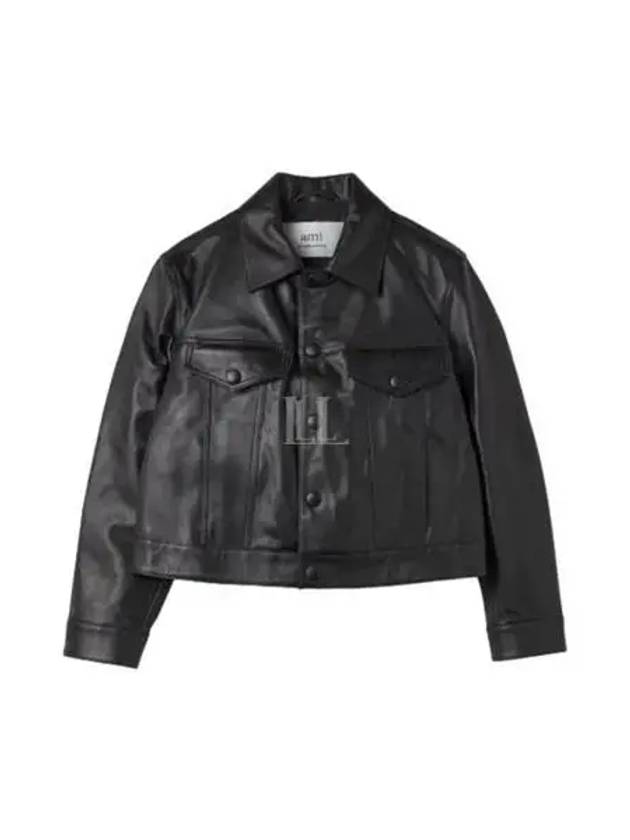 Cropped Trucker Leather Jacket Black - AMI - BALAAN 2