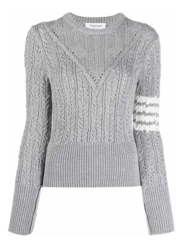 Women's 4 Bar Irish Pointelle Cable Merino Wool Knit Top Grey - THOM BROWNE - BALAAN 2