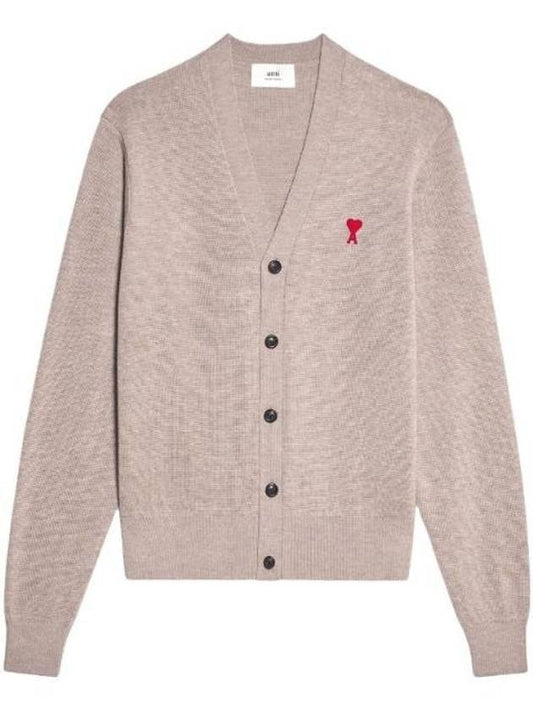 Small Heart Logo Wool Merino Cardigan Beige - AMI - BALAAN.