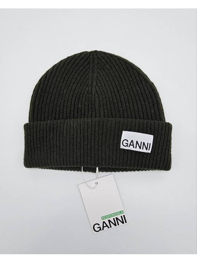 Logo Patch Ribbed Knit Beanie Khaki - GANNI - BALAAN 9