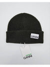 Logo Patch Ribbed Knit Beanie Khaki - GANNI - BALAAN 5