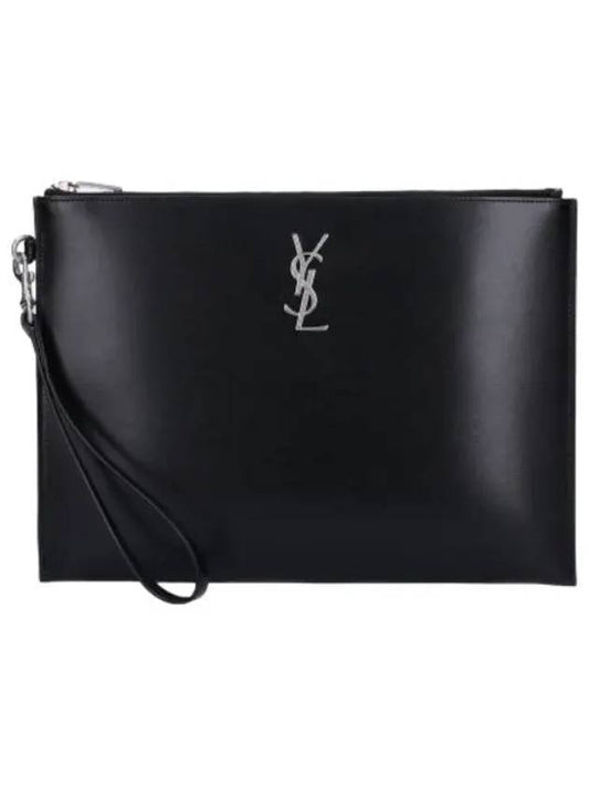 Metal Logo Leather Clutch Black Bag - SAINT LAURENT - BALAAN 1