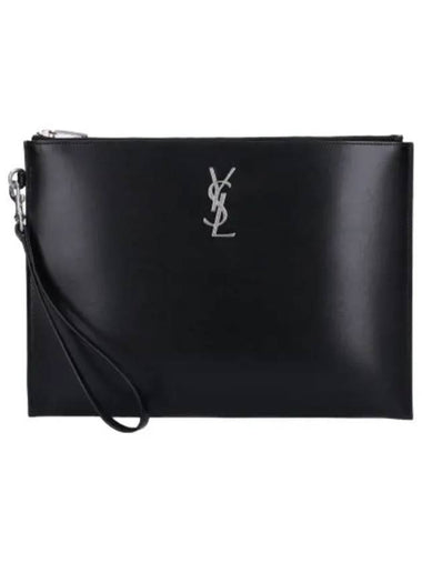 Metal Logo Leather Clutch Black - SAINT LAURENT - BALAAN 1