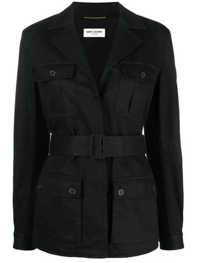 Safari Cotton Gabardine Linen Jacket Black - SAINT LAURENT - BALAAN 3