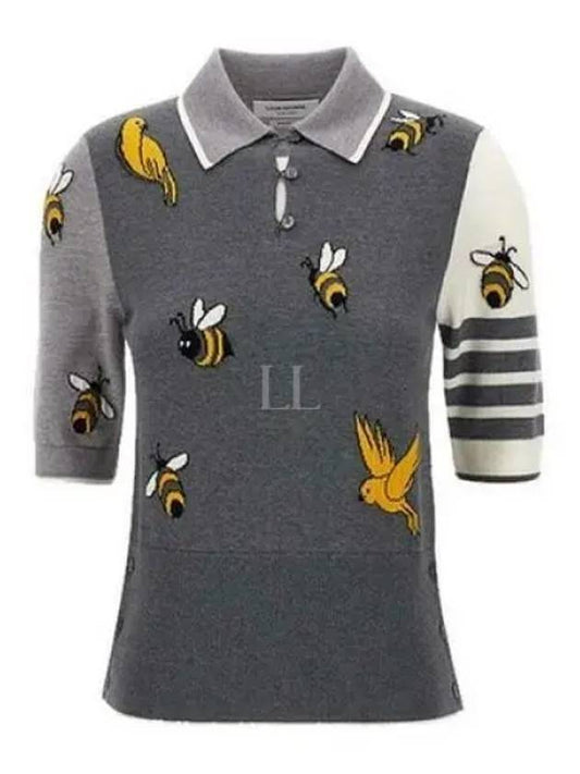 Fun-Mix Cotton Merino Birds and Bees 4-Bar Polo Shirt Tonal Grey - THOM BROWNE - BALAAN 2