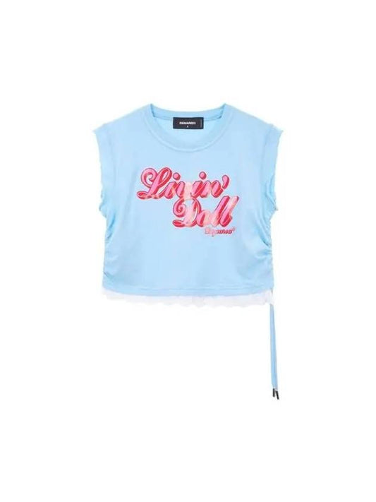 Women s Lace Hem Mini Fit T Shirt Light Blue - DSQUARED2 - BALAAN 1