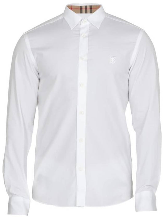 Monogram Motif Stretch Cotton Slim Fit Poplin Long Sleeve Shirt White - BURBERRY - BALAAN.