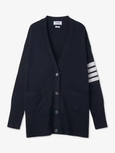 Fine Merino Wool 4-line Oversized Fit V-neck Cardigan Navy - THOM BROWNE - BALAAN 2