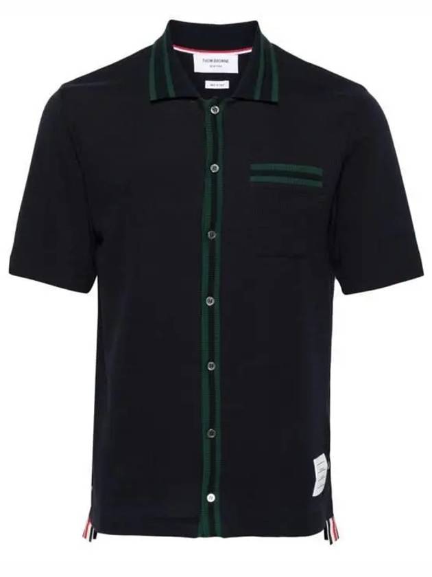 Pointelle Striped Racking Stitch Cotton Short Sleeve Shirt Navy - THOM BROWNE - BALAAN 2