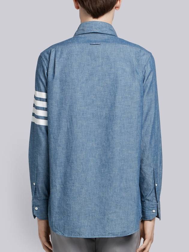 Men's Diagonal Shambray Print Name tag Straight Fit Long Sleeve Shirt Blue - THOM BROWNE - BALAAN 9