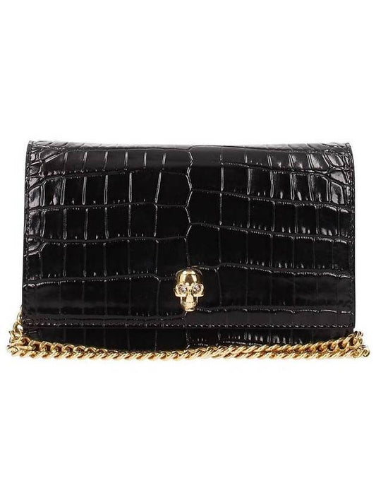 Gold Plated Skull Crocodile Leather Mini Shoulder Bag Black - ALEXANDER MCQUEEN - BALAAN.