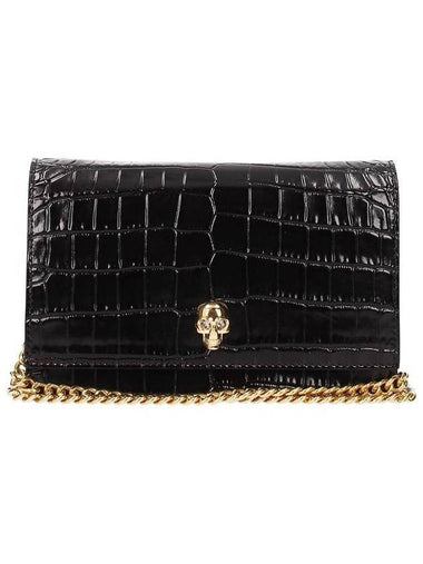 Gold Hardware Skull Crocodile Leather Small Shoulder Bag Black - ALEXANDER MCQUEEN - BALAAN 1