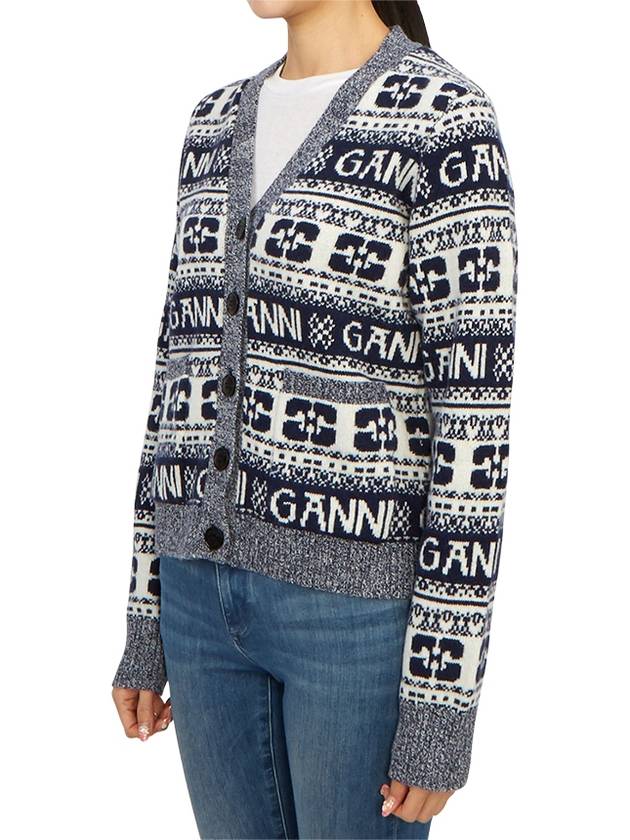 logo wool mix jacquard cardigan blue - GANNI - BALAAN 3