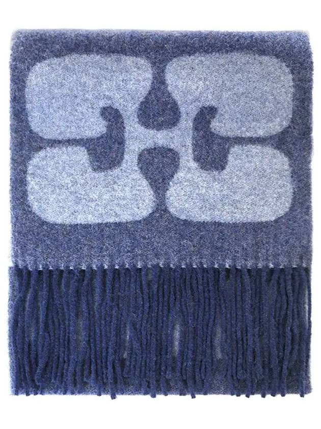 Fringe Detail Wool Scarf Blue - GANNI - BALAAN 3