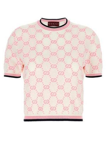 GG Intarsia Cotton Crewneck Short Sleeve T-Shirt Pink - GUCCI - BALAAN 1