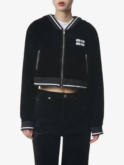 Embroidered Velvet Hooded Jacket Black - MIU MIU - BALAAN 2