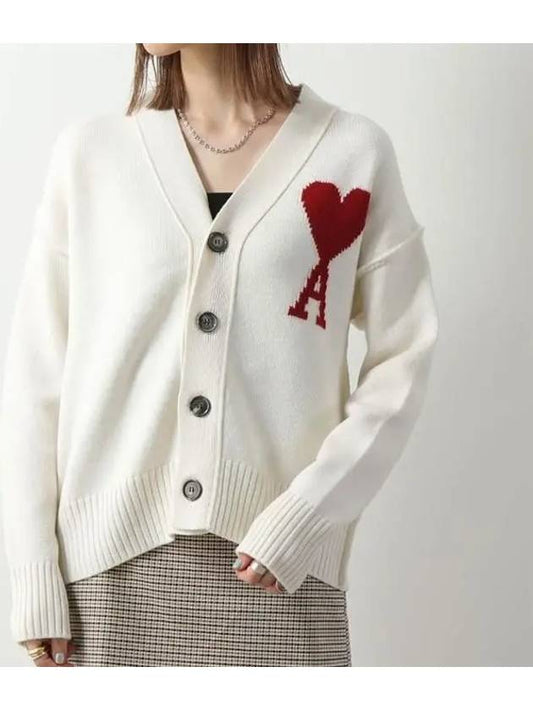 Heart Logo V Neck Wool Cardigan Off White - AMI - BALAAN 2