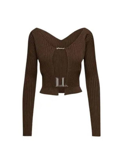 La Maille Pralu Longue Micro Charm Logo Cardigan Brown - JACQUEMUS - BALAAN 2