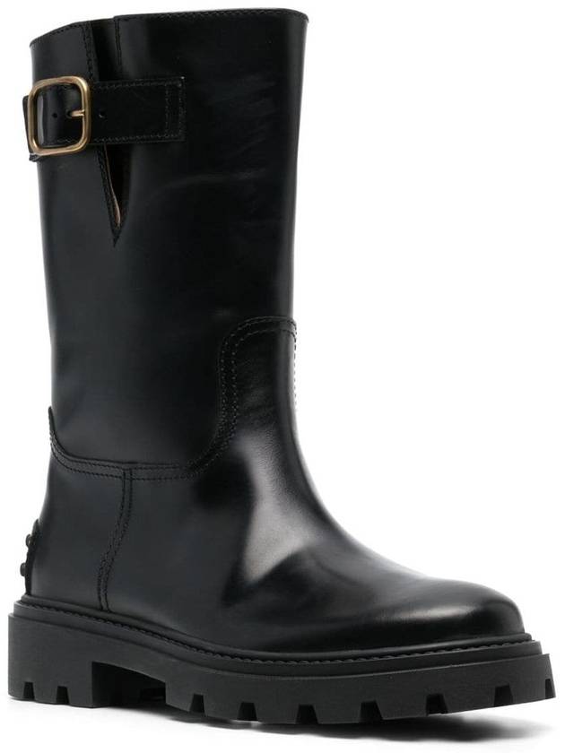 Women's Buckle Detail Leather Middle Boots Black - TOD'S - BALAAN 4