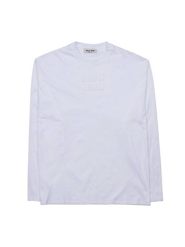 Logo Embroidered Cotton Long Sleeve T-shirt White - MIU MIU - BALAAN 1