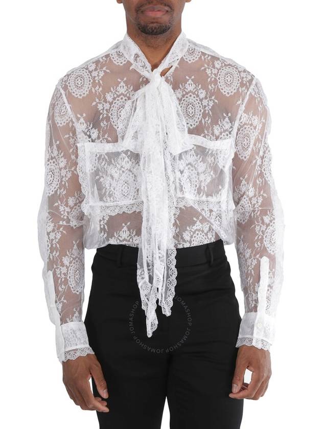 Burberry Optic White Oversized Tie-Neck Chantilly Lace Shirt, Size X-Small - BURBERRY - BALAAN 2