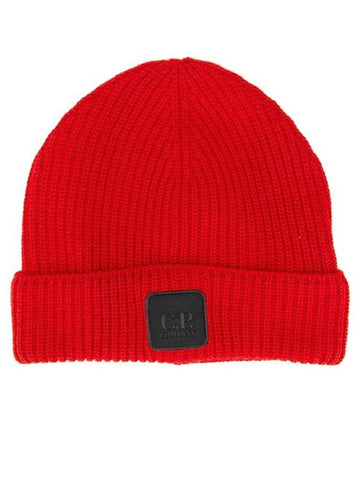 Merino Wool Logo Patch Beanie Red - CP COMPANY - BALAAN.