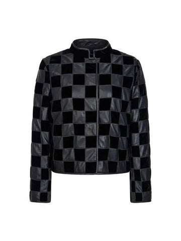 Women s Velvet Checkerboard Pattern Leather Jacket Black - EMPORIO ARMANI - BALAAN 1