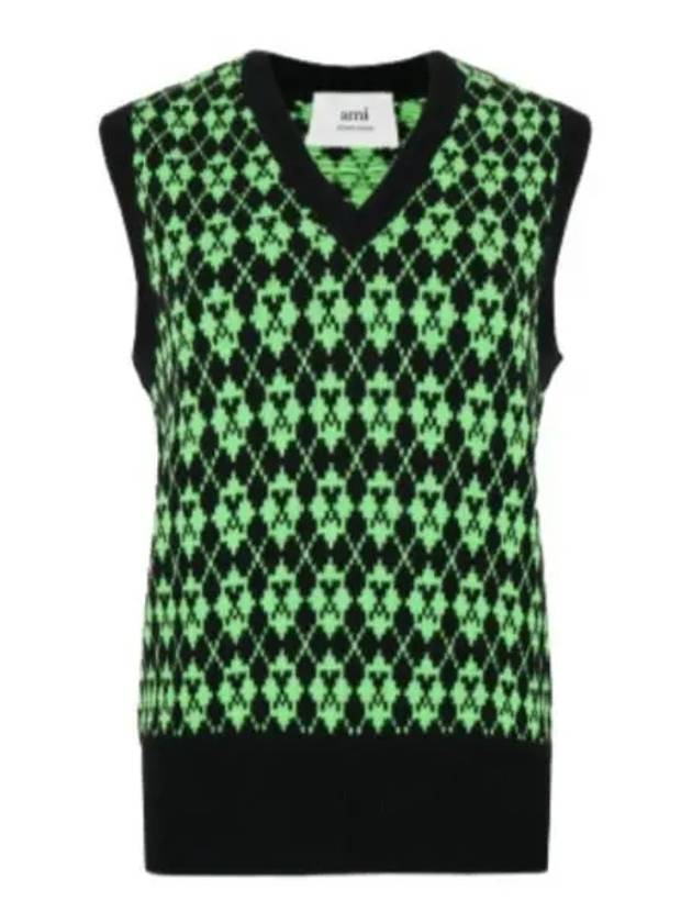 Wool Jacquard V-neck Knit Vest Green - AMI - BALAAN 2