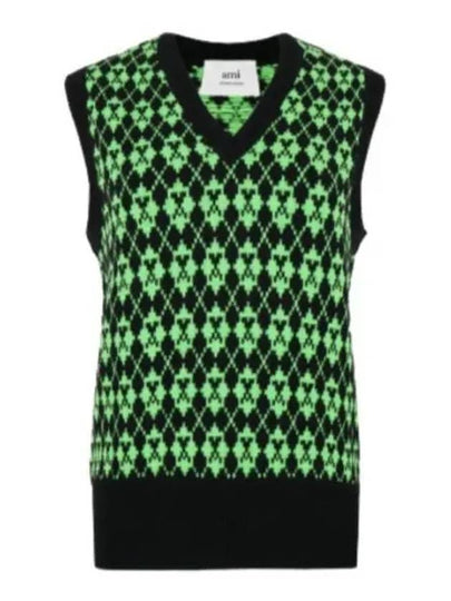 Wool Jacquard V-neck Knit Vest Green - AMI - BALAAN 2