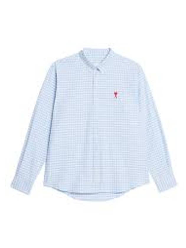 Small Heart Logo Gingham Button Long Sleeves Shirt Sky Blue - AMI - BALAAN 2