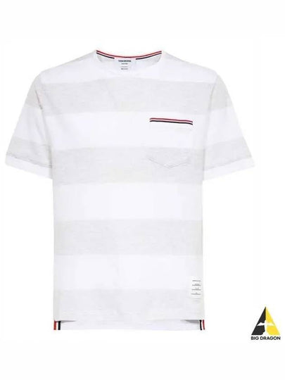 Men's Rugby Striped Pick Pocket Short Sleeve T-Shirt Pale Grey White - THOM BROWNE - BALAAN 2