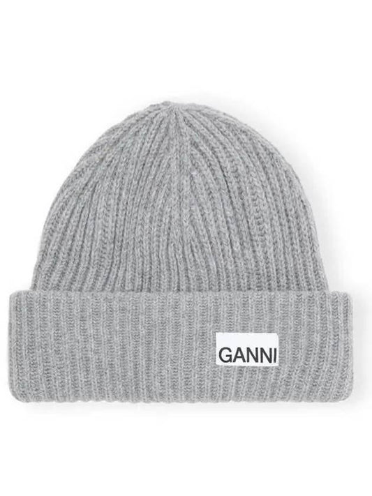 Logo Patch Knit Beanie Grey - GANNI - BALAAN 2