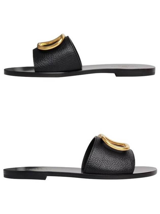 V Logo Signature Grainy Calfskin Slippers Sandals Black - VALENTINO - BALAAN 3