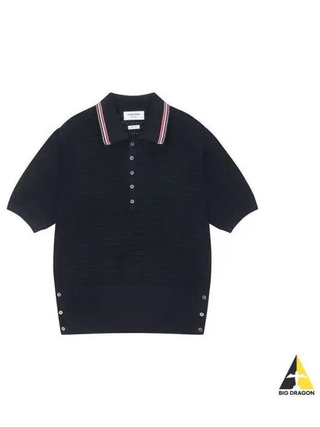 Textured Stitch Polo Knit Shirt Short Sleeve Navy MKP084A Y3017 - THOM BROWNE - BALAAN 1