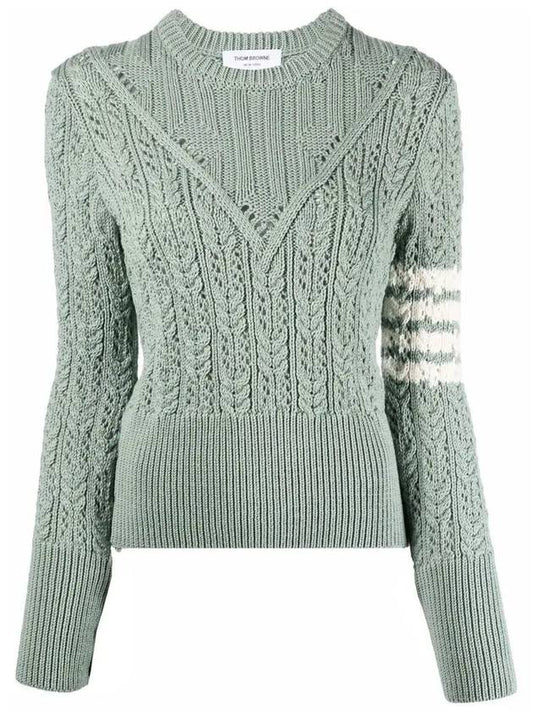 Women's 4 Bar Irish Pointelle Cable Merino Wool Knit Top Light Green - THOM BROWNE - BALAAN 2