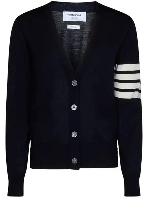 Sustainable Fine Merino Wool 4-Bar Relaxed Fit V-Neck Cardigan Navy - THOM BROWNE - BALAAN 2