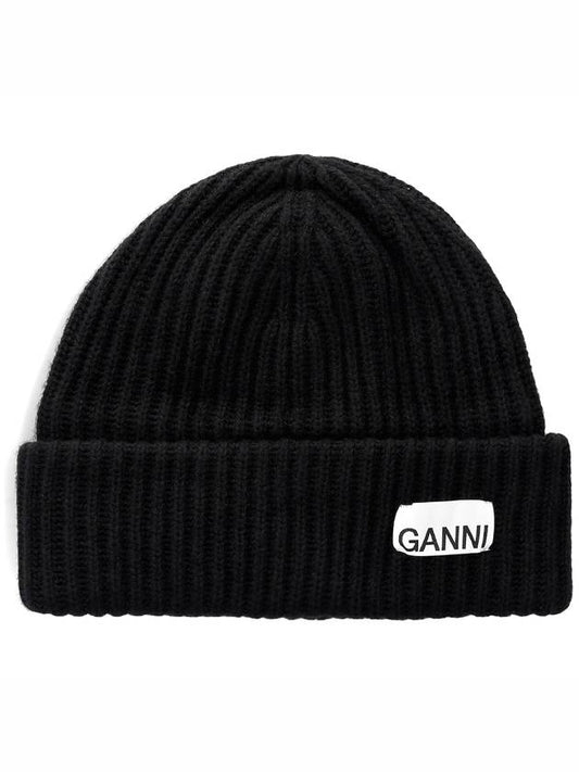 Logo Patch Knit Beanie Black - GANNI - BALAAN 2