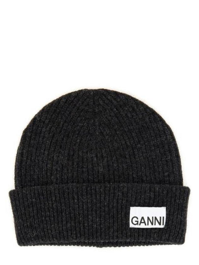 Logo Label Rib Knit Wool Beanie Dark Grey - GANNI - BALAAN 2