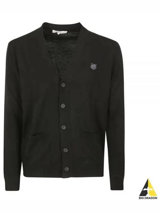 Bold Fox Head Patch V Neck Wool Cardigan Black - MAISON KITSUNE - BALAAN 2