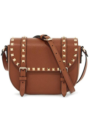 small messenger crossbody bag in brown hammered leather with studs - VALENTINO - BALAAN 1