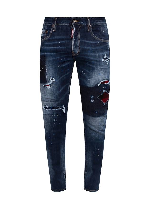 Men's Paint Spot Check Padded Washing Skinny Jeans Blue - DSQUARED2 - BALAAN.