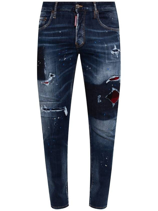 Men's Paint Spot Check Padded Washing Skinny Jeans Blue - DSQUARED2 - BALAAN.