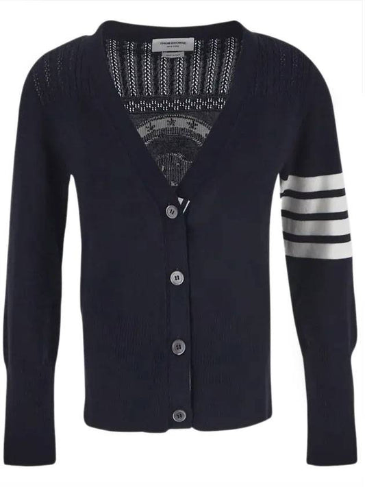 Striped Hector V-Neck Cardigan Navy - THOM BROWNE - BALAAN.