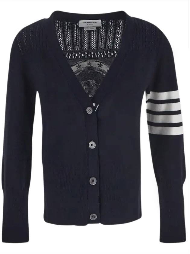 Striped Hector V Neck Cardigan Navy - THOM BROWNE - BALAAN 1