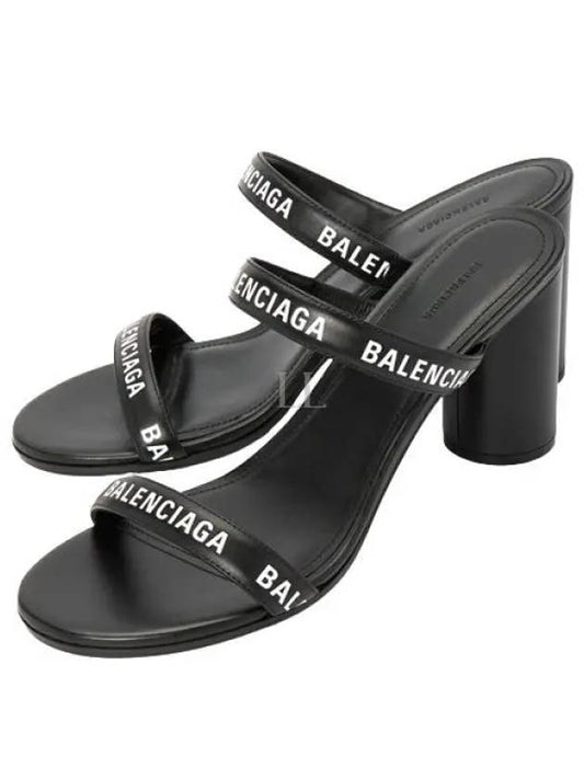 Women's Leather Logo Round Sandal Heels Black - BALENCIAGA - BALAAN 2