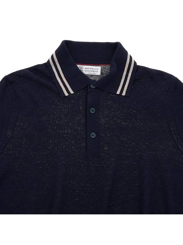 Striped Edge Linen Cotton Blend Polo Shirt Navy - BRUNELLO CUCINELLI - BALAAN 4