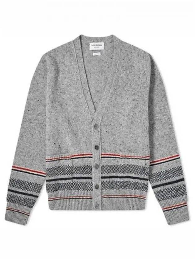 Seasonal Jacquard Striped V-neck Cardigan Light Grey - THOM BROWNE - BALAAN 2