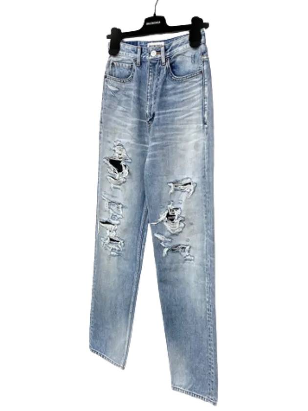 WoMen's Distressed Denim Straight Jeans Vintage Blue - BALENCIAGA - BALAAN 3