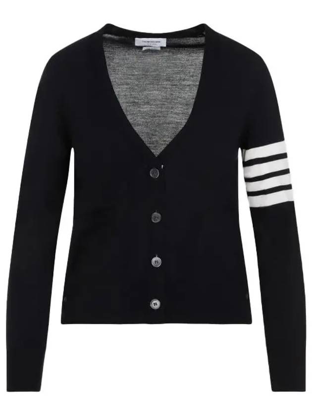 Sustainable Fine Merino Wool 4-Bar Relaxed Fit V-Neck Cardigan Navy - THOM BROWNE - BALAAN 2