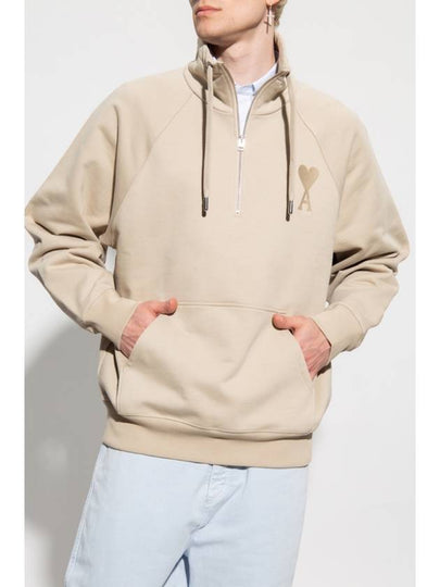 Heart Logo Half Zip-Up Sweatshirt Beige - AMI - BALAAN 2